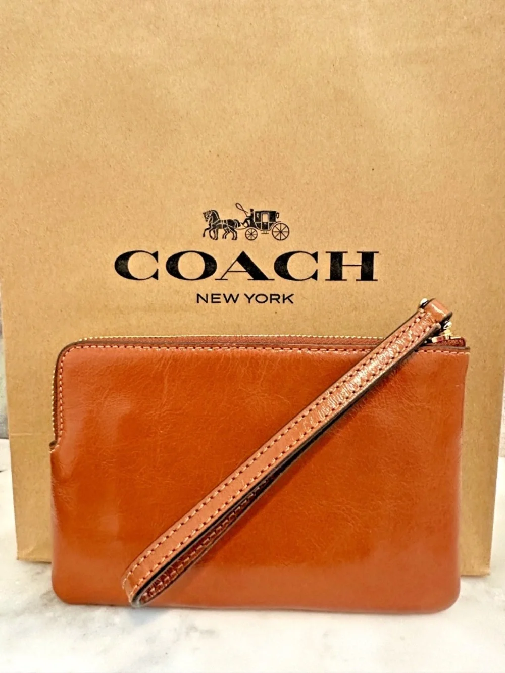 Coach Ashton Wristlet Cinnamon Glazed Shiny Crinkle Leather NWT w/ Paper Bag